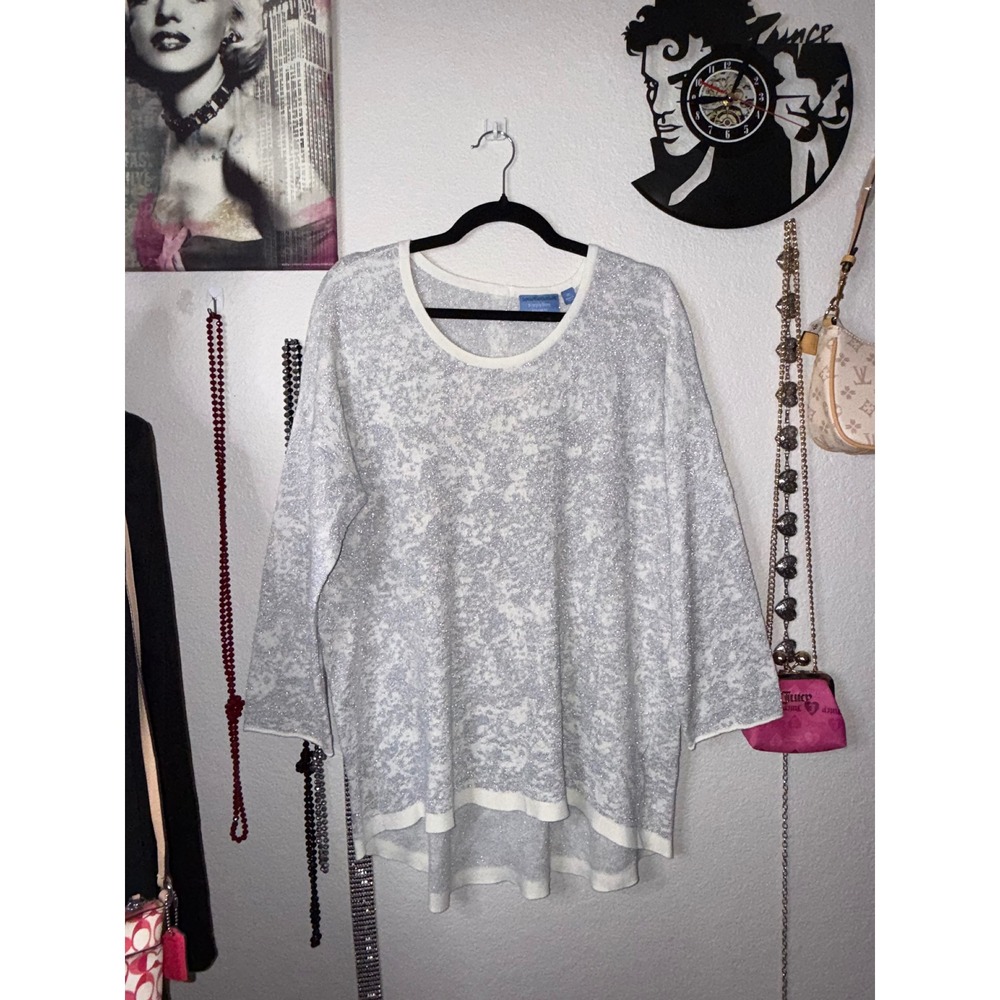 Simply Vera Vera Wang Silver Metallic White Knit Top XL High Low 3/4 Sleeve